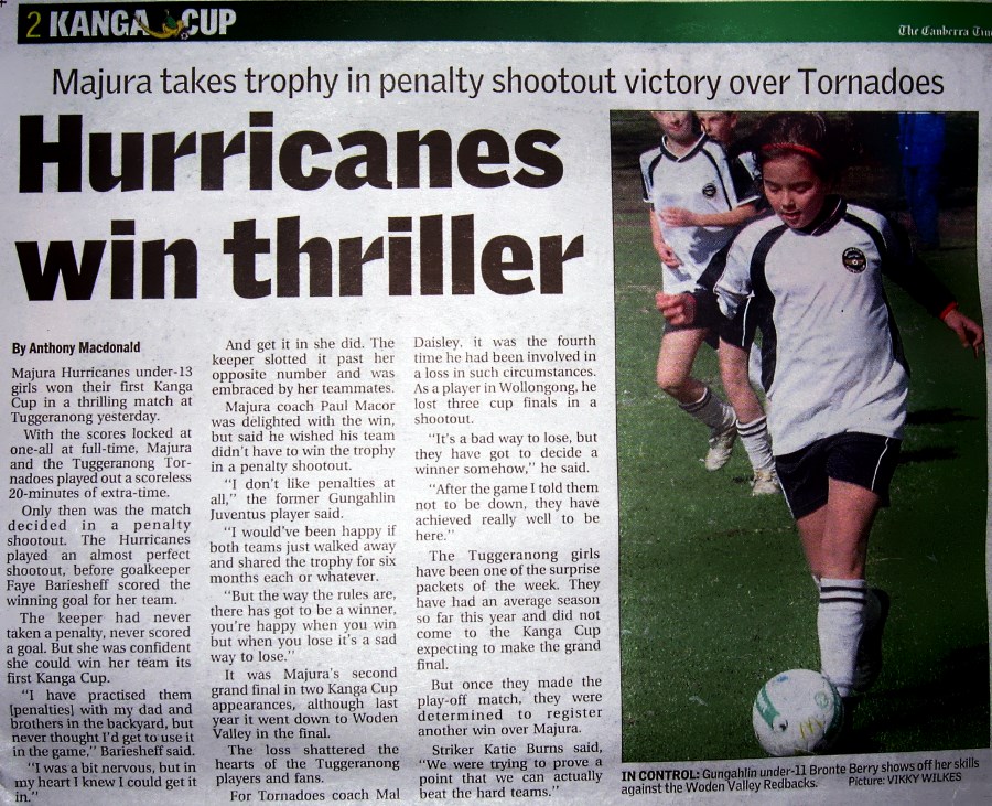 2008 Under 13 Girls Kanga Cup Champions Newspaper article